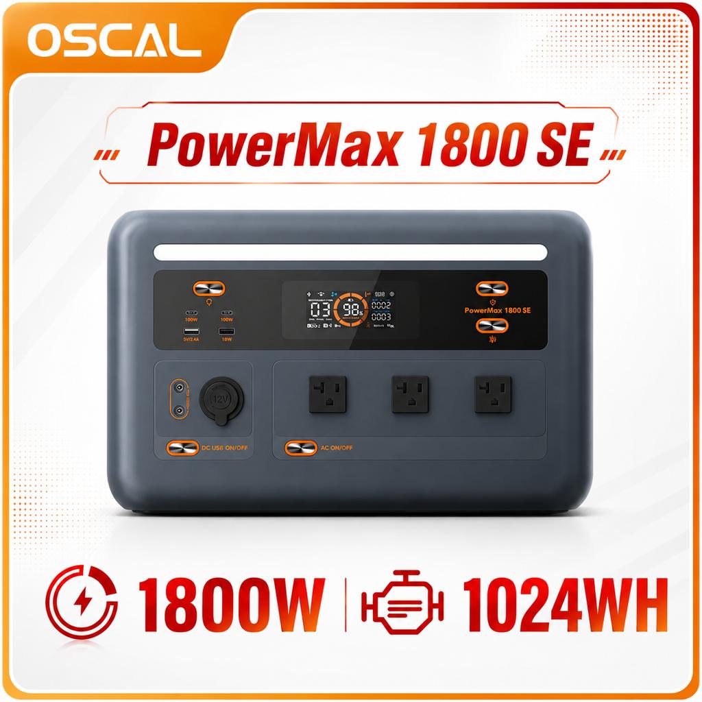 OSCAL PowerMax1800SE Tragbare Powerstation, 1024Wh LiFePO₄-Akku, 1800W Nennleistung / 3600W Spitzenleistung, Für Zuhause, Outdoor, Camping, Mobile Stromversorgung