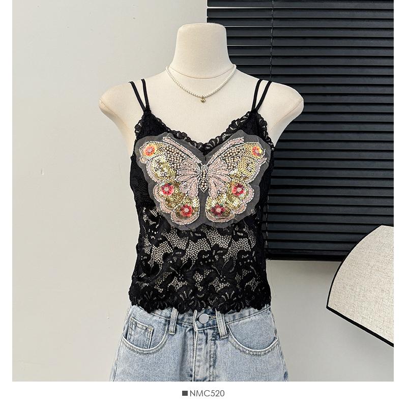 Summer Women Sweet Sequined Butterfly Embroidery Lace Spaghetti Strap Sleeveless Vest Tops for Girls