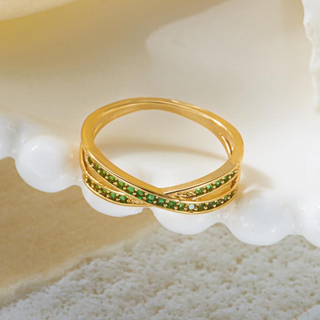 Simple Cross Twisted Brass Inlaid Green CZ Zircon Rings For Women Men Trendy Geometric Line Finger Ring Wedding Casual Jewelry