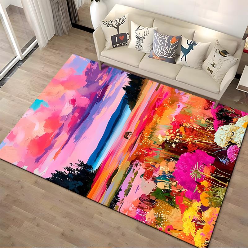 Colorful Nature Landscape Carpet with Sunset, Flowers, and Grazing Horse Suitable for use as an anti-slip for living room bedroom sofas