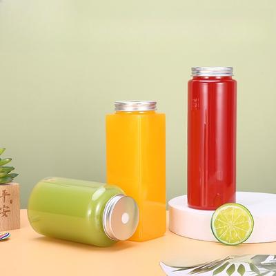 Bouteille Carrée en Plastique Boisson Froide Jus Tasses à Emporter PET Jetable Transparente Thé Froid Bouteille Spéciale Bouteille Portable pour Boissons avec Bouchon en Aluminium