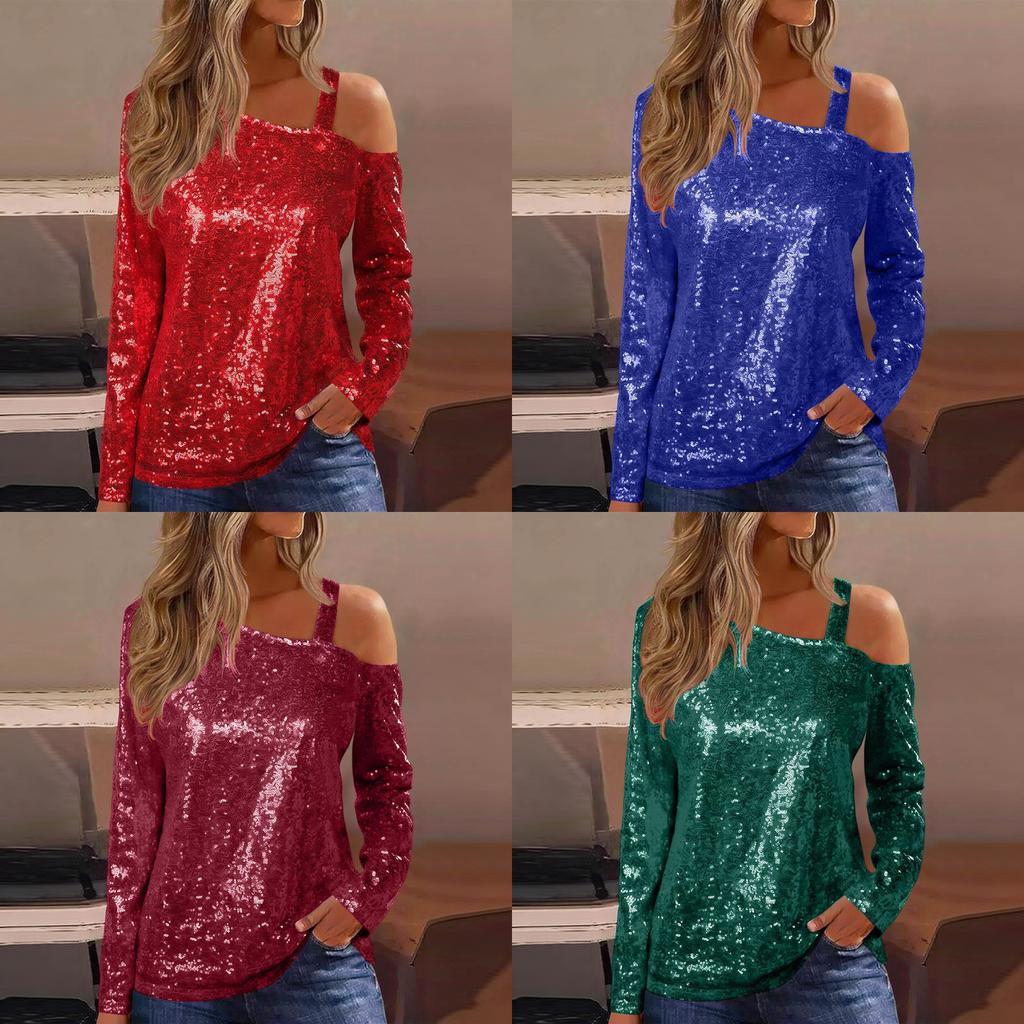 Polyester Long Sleeve T Shirt With Sequin Round Neck For Casual Women