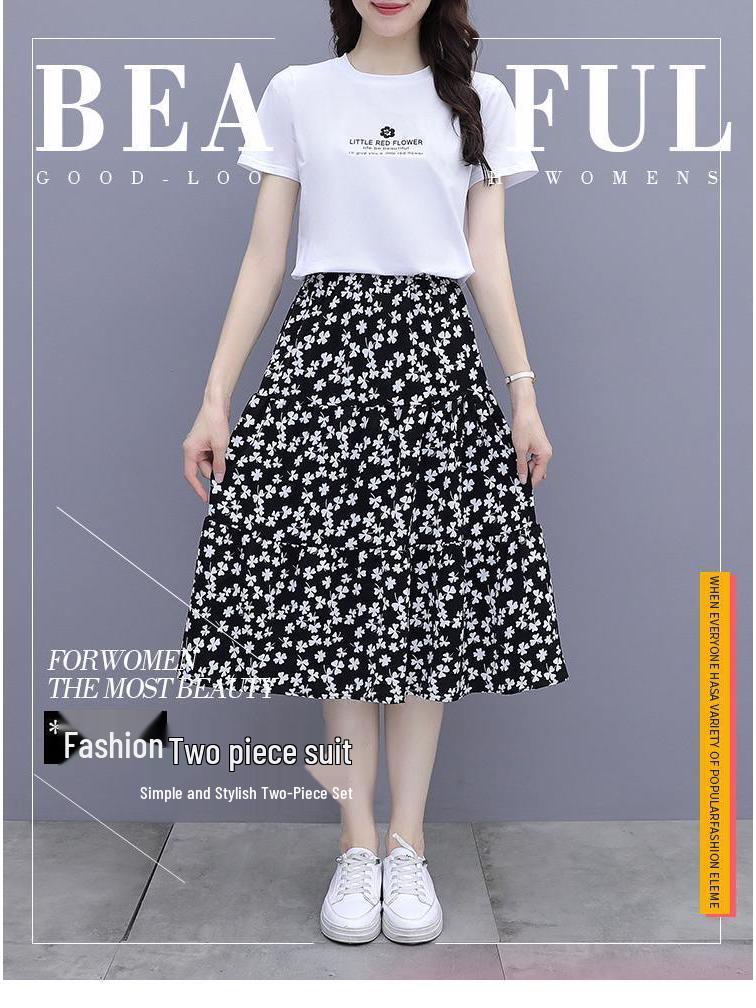 Spring Trendy Letter Print Skirt & Short Sleeve T-Shirt Set for Women