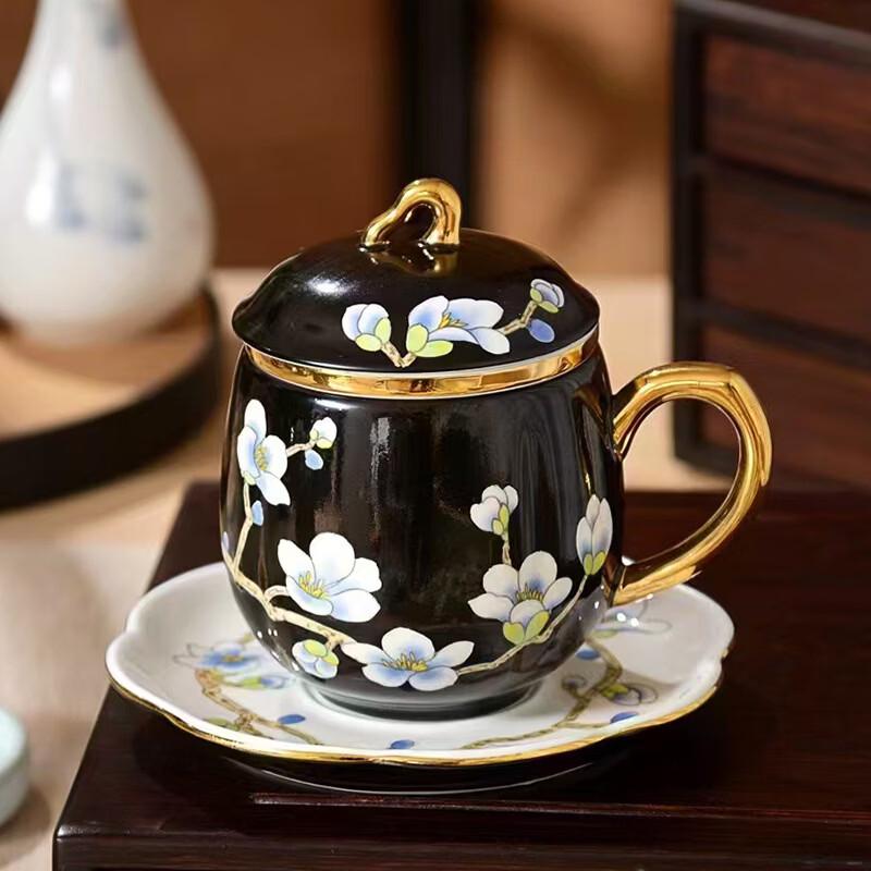 Shangqi Bone China Tea Cup with Infuser & Lid, Hand-Painted Plum