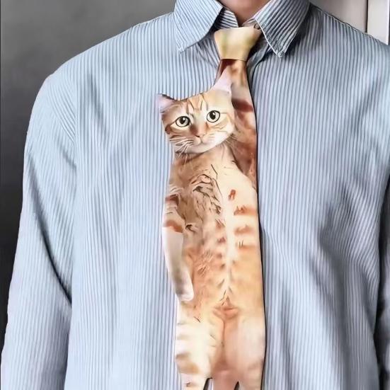 Men Tie Realistic 3D Cat Pattern Smooth Feel Neck Tie Funny Kitten Design Tie Weddings Parties Office Wear
