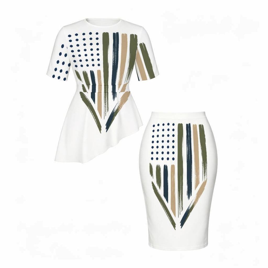 Women Plus Size White Printed Round Neck Short Sleeve Asymmetric Top Fitted Skirt Two Piece Set