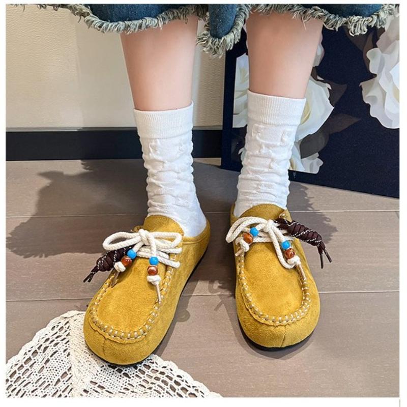 Fashion Women's Flat Shoes Cover Toe Slingback Lace-up String Bead One Kick Increased Internal Slippers All-match RetroSuede Women Shoes