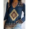 Women's Elegant V-neck Diamond Ethnic Print Long Sleeve T-shirt Soft Polyester Perfect for Autumn and Winter Casual Wear Tops