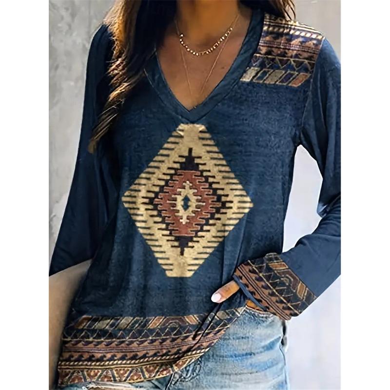 Women's Elegant V-neck Diamond Ethnic Print Long Sleeve T-shirt Soft Polyester Perfect for Autumn and Winter Casual Wear Tops