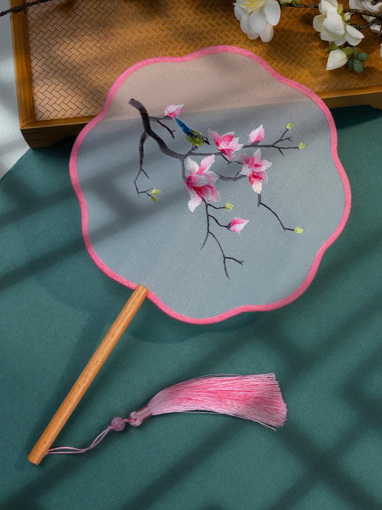 Chinese Embroidered Eight-Petal Round Dance Fan with Tassel - Perfect for Hanfu and Qipao Costumes
