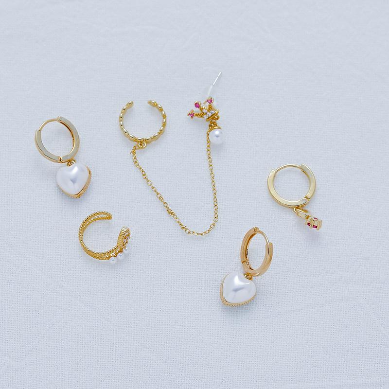 ANENJERY Pearl Three-dimensional Heart Crown Chain Clip Earrings Hoops Female Statement 6-piece Earrings Set