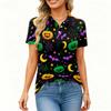 Women's Short Sleeve Button Down Collared Top with Halloween Print - Casual Fashion Blouse with Side Slits