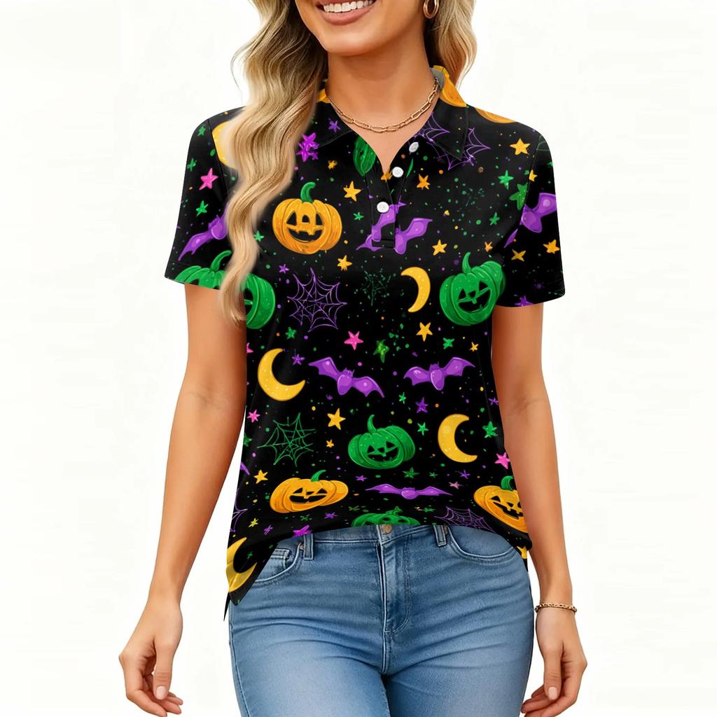 Women's Short Sleeve Button Down Collared Top with Halloween Print - Casual Fashion Blouse with Side Slits