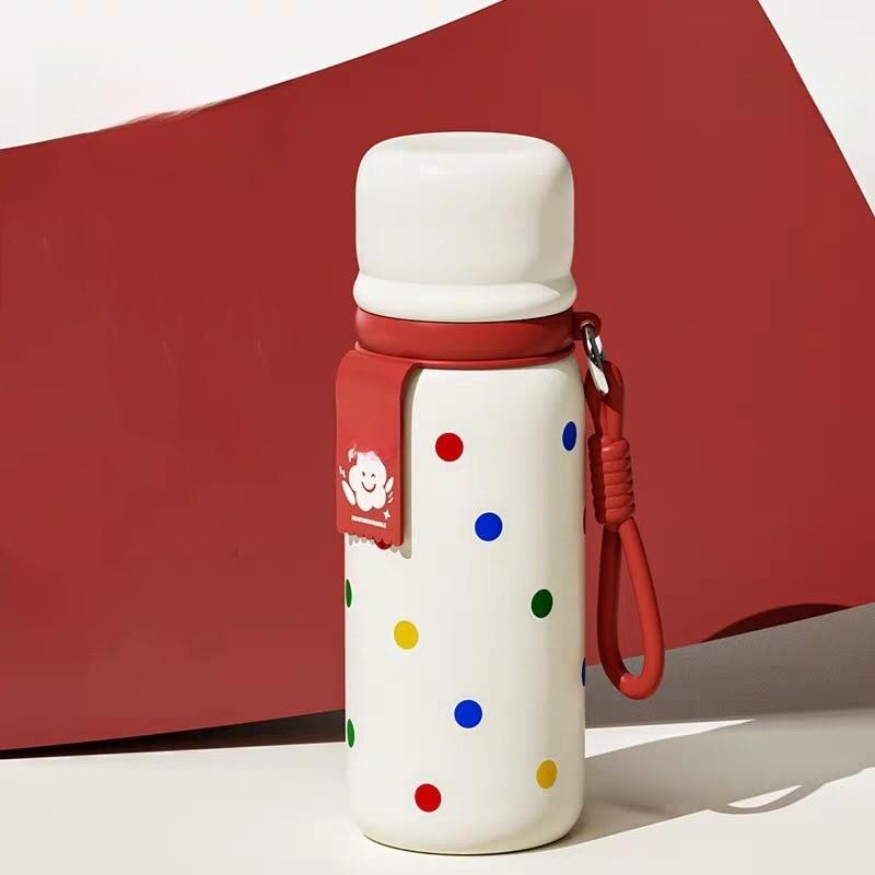 Polka Dot Insulated Bottle For Girls With Straw And Carrying Cord For School And Travel