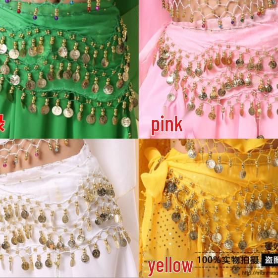 Chiffon Belly Dance Waist Chain Belt with 128 Coins for Yoga and Indian Dance Practice