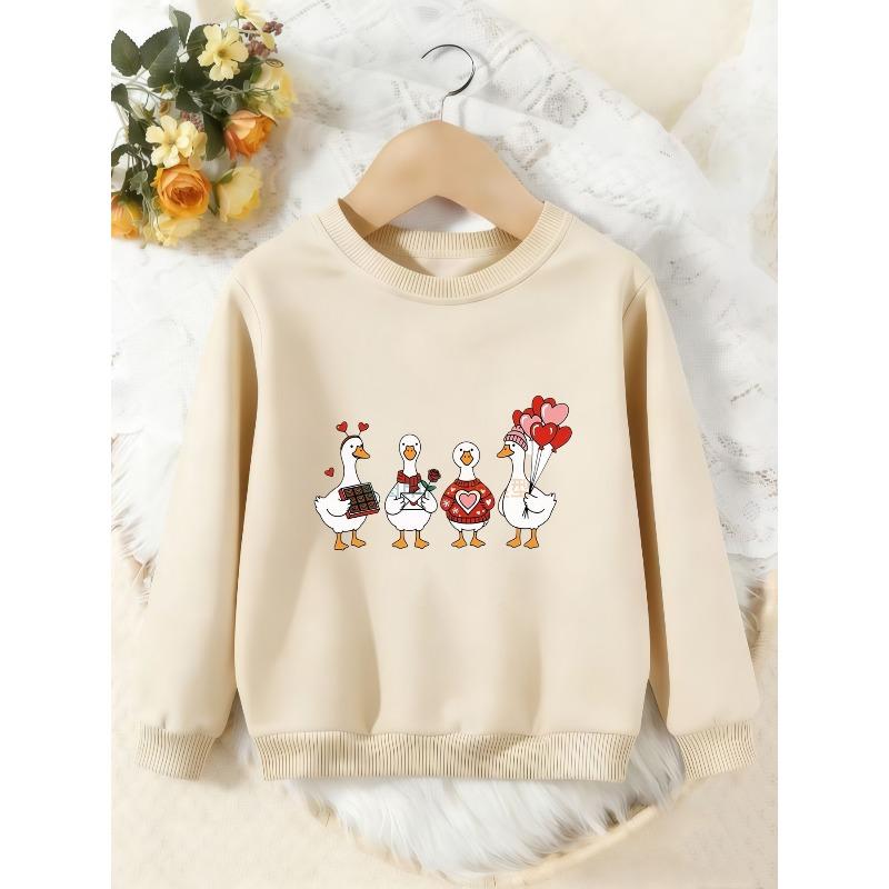 Unisex Kids Crewneck Sweatshirt, Cute Cartoon Love Duck Heart Balloon Print Long Sleeve Pullover, Boys Girls Sweatshirt For Kids Over 4 Years Old