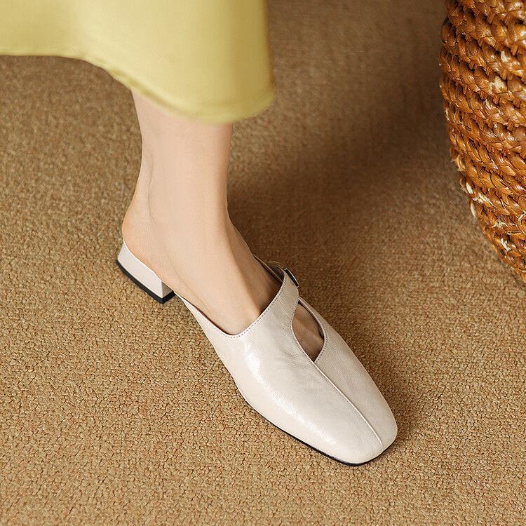 Slippers Women's Xiaoxiangfeng New Soft Leather Bag Head Half Slippers Women's Summer Wear Medium Heel Versatile Square Head High Heels Sandals
