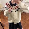Vintage Contrast Geometric Crew Neck Single-Breasted Shoulder Long Sleeve Wool Blended Knitted Jacket Casual Top