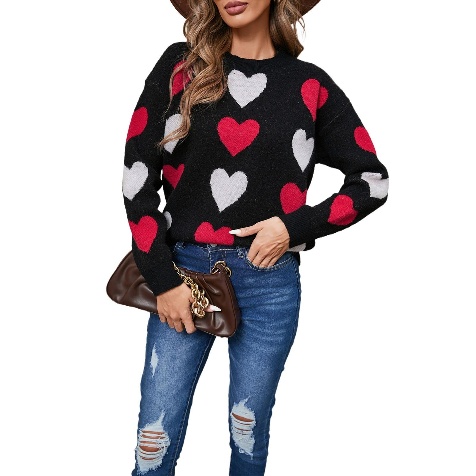 

Женский свободный повседневный модный свитер с круглым вырезом и сердечком, вязаный свитер-рубашка M чёрный