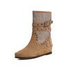 Fashion Cow Suede Rivet Belt Buckle Round Head Low Heeled Short Boots Fashionable Winter Tassel Short Plush Women's Ankle Boots Size 43
