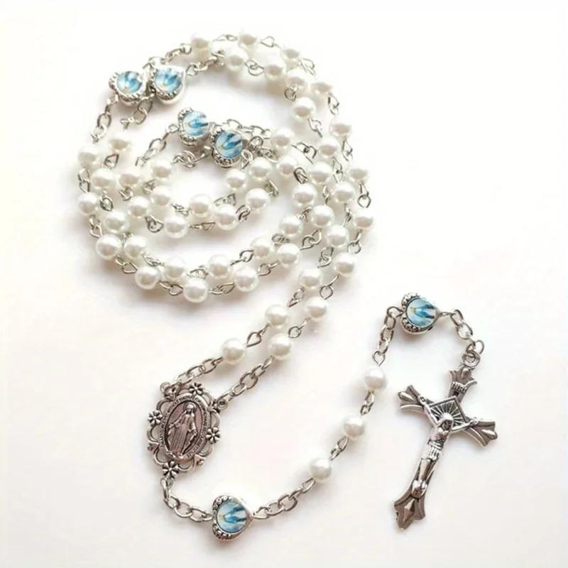 1pc Crucifix Cross-Charm Long Chain Rosary Beads Catholic Necklace for Women Christian Amulet Necklace Religious Jewelry