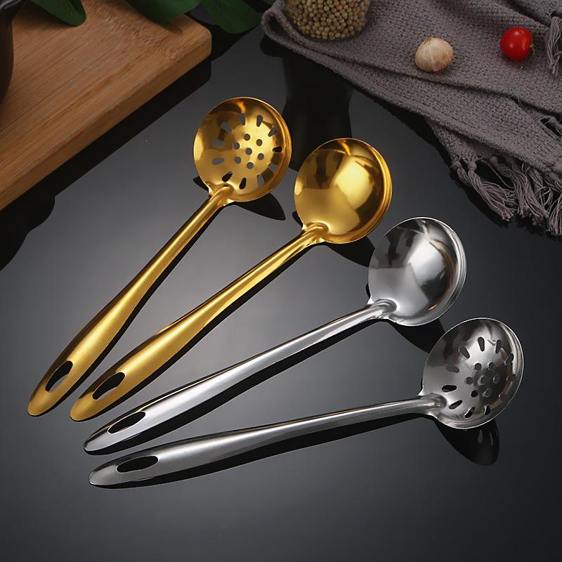 Golden Stainless Steel Long-Handle Ladle & Skimmer Spoon for Soup, Porridge, Hot Pot, and Kitchen Use