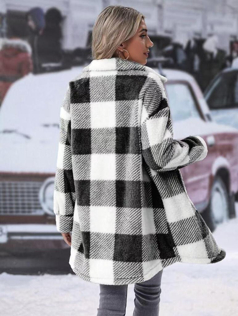 European and American Women's Plaid Wool Lapel Mid-Length Coat - Autumn/Winter Collection
