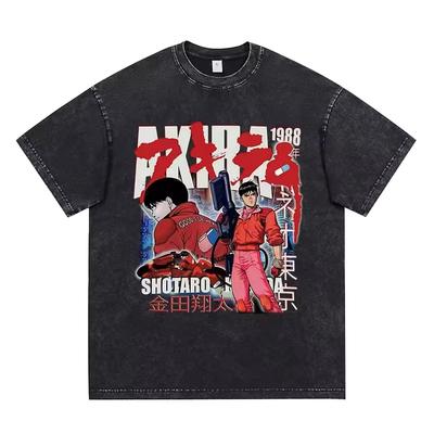 Japanischer Anime Akira Gewaschenes Vintage T-Shirt Science-Fiction Shotaro Kaneda Oversized Streetwear Lässiges Sommer Baumwolle Kurzes T-Shirt