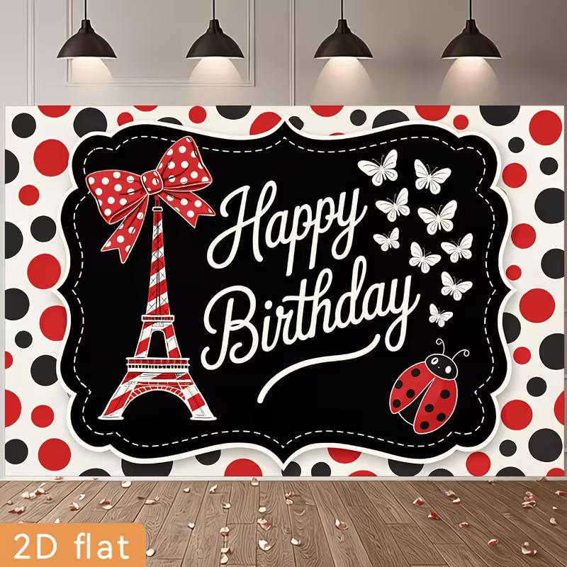 2D Pariser Marienkäfer Geburtstag Hintergrund, Rotes Schwarzes Punktmuster Banner, Geburtstagsparty Dekoration
