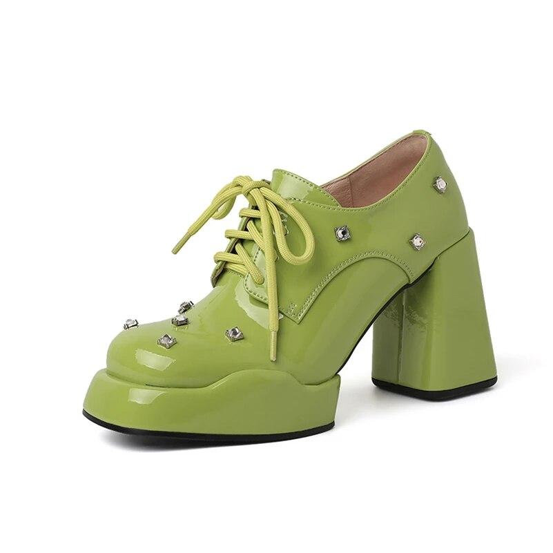 

Жіночі туфлі з натуральної шкіри Meotina, круглий носок, товсті високі підбори, платформа, шнурівка, кришталеве жіноче модне взуття, весна-осінь, зелений 39 зелений