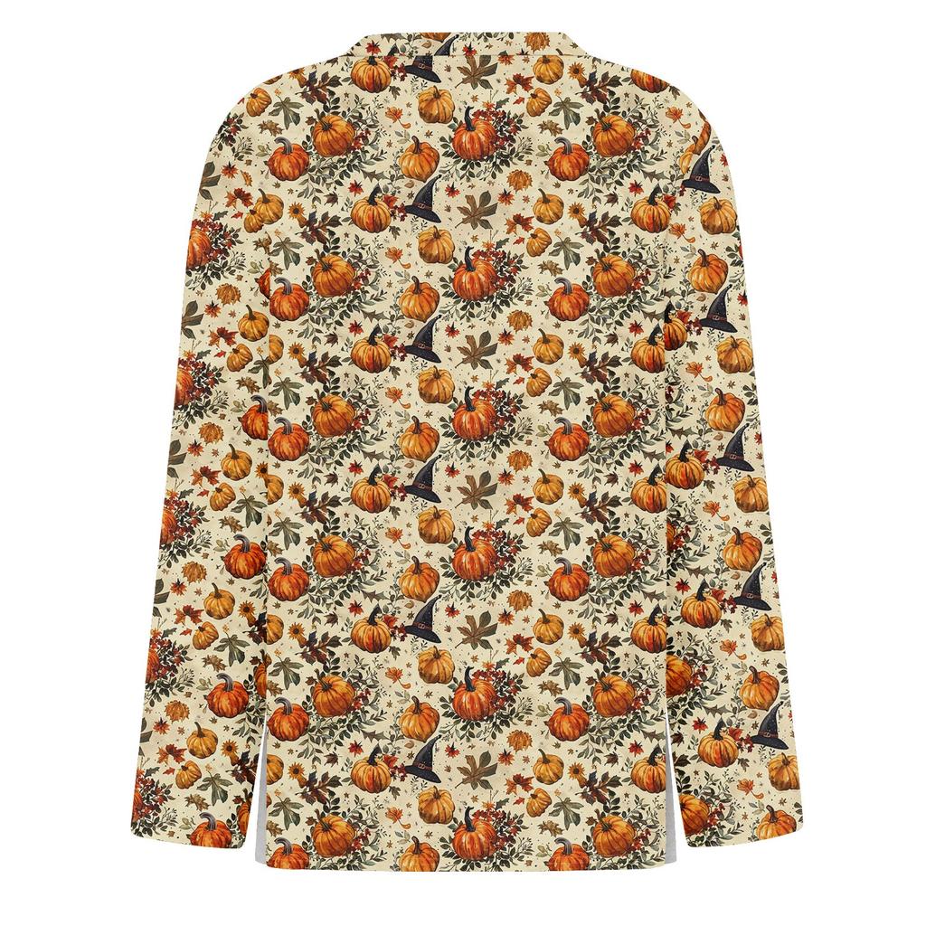 Women's Fashion Hem Slit Casual Halloween Printed Round Neck Long Sleeve Top