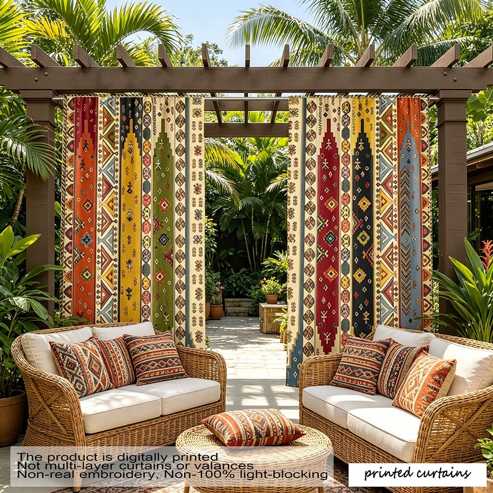 2 Pak Buiten Terras Gordijnen 2D Levendig Geometrisch Patroon UV Bestendig Traditioneel Gedrukt Decoratieve Gordijnen 41x91in(105x230CM)x2&Rod pocket &2 panels