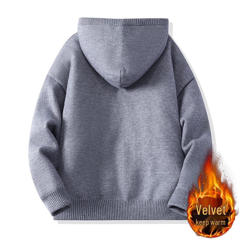 Men's Solid Color Hooded Knitwear Jacket with Fur Lining for Fall/Winter
