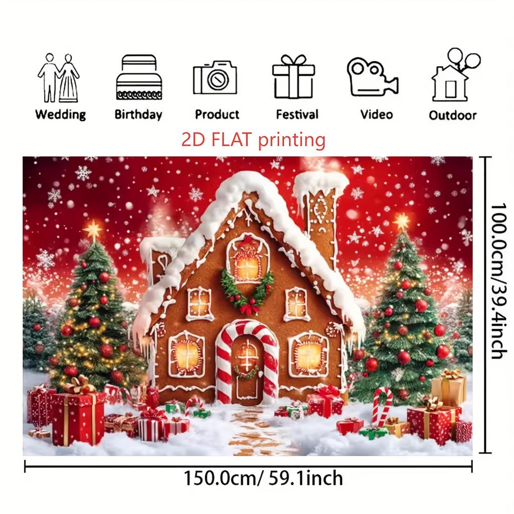 1pz Stoffa Sfondo Invernale Natalizio Albero di Natale Scatola Regalo Neve Casa di Pan di Zenzero Design Striscione Sfondo Festa