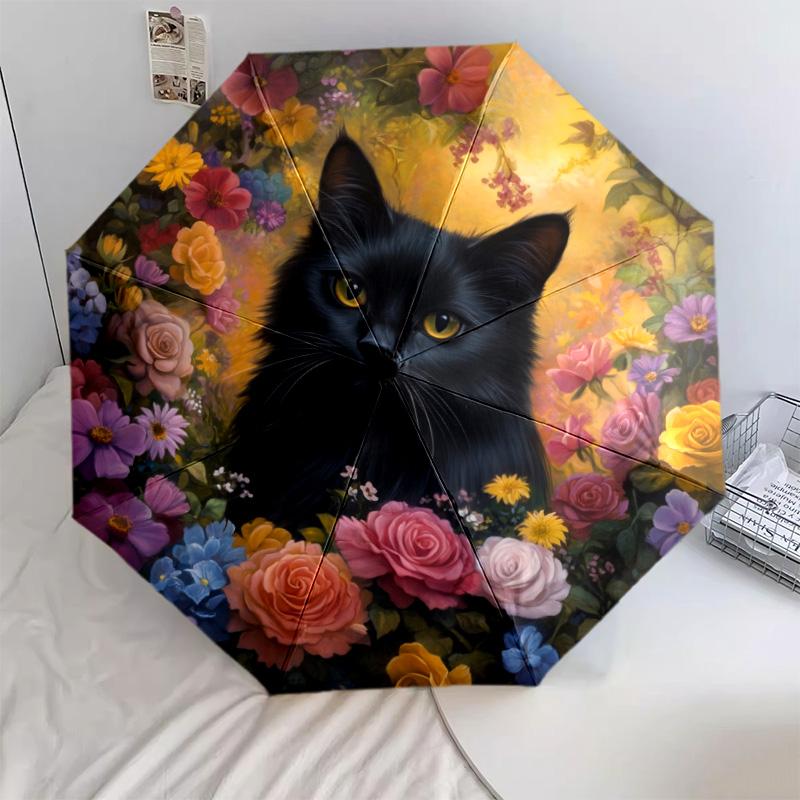0106 Floral Black Cat  pattern, automatic folding umbrella, portable and foldable design, 8 ribs, a Christmas or birthday gift.