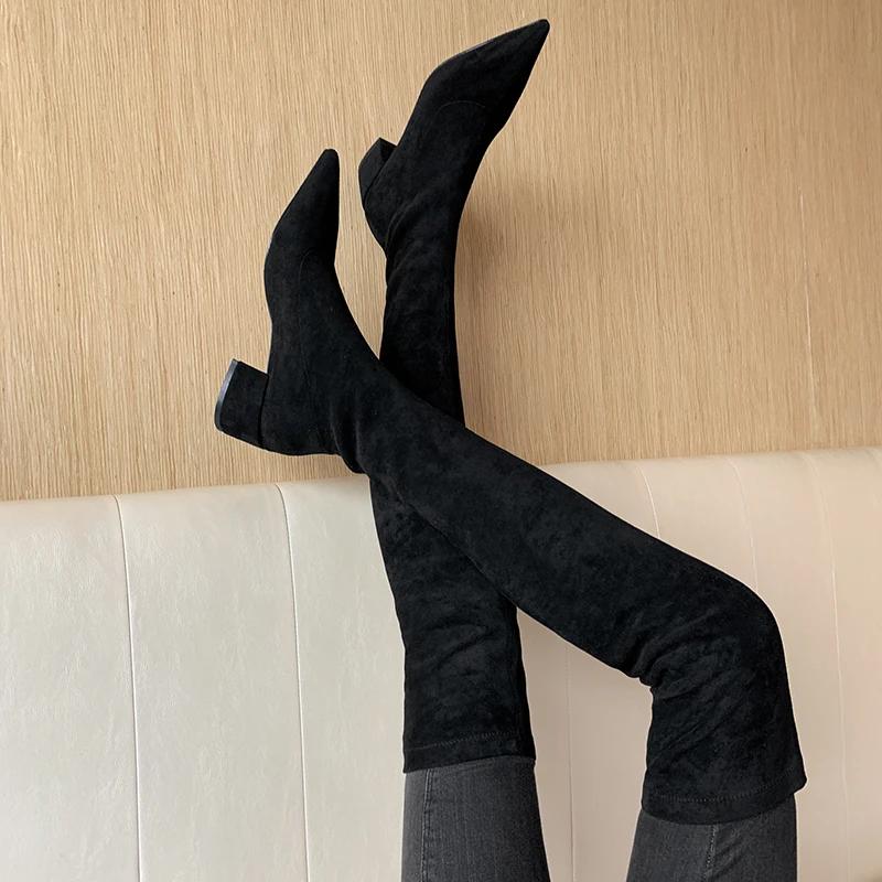 Sexy Woman Over The Knee Boots Lady Slim Elastic Long Thigh High Boots Pointed Toe Kid Suede Ladies  De Mujer 33-43