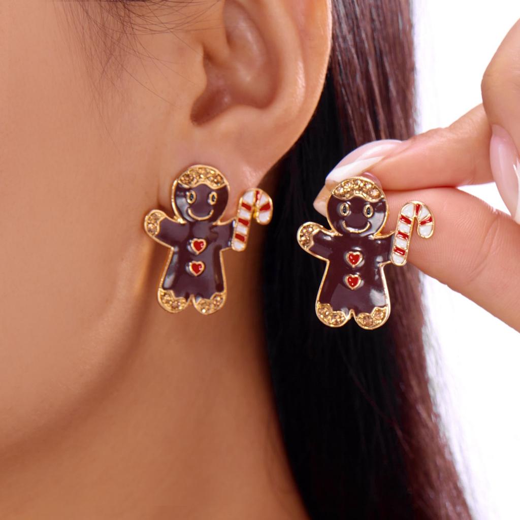 Lovely Christmas Full Rhinestone Imitation Pearl Gingerbread Crutch Stud Earrings New Year Holiday Jewelry Gifts For Women Men