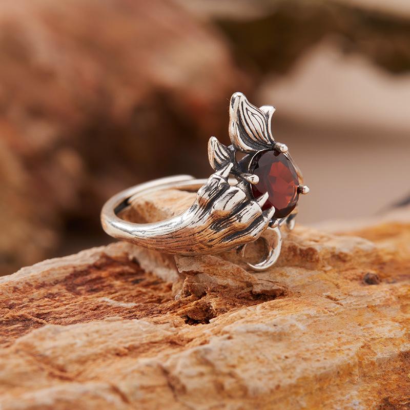 Demon Claw Natural Amethyst Citrine Topaz Garnet Ring Women'S S925 Sterling Silver Thai Silver Color Treasure Jewelry