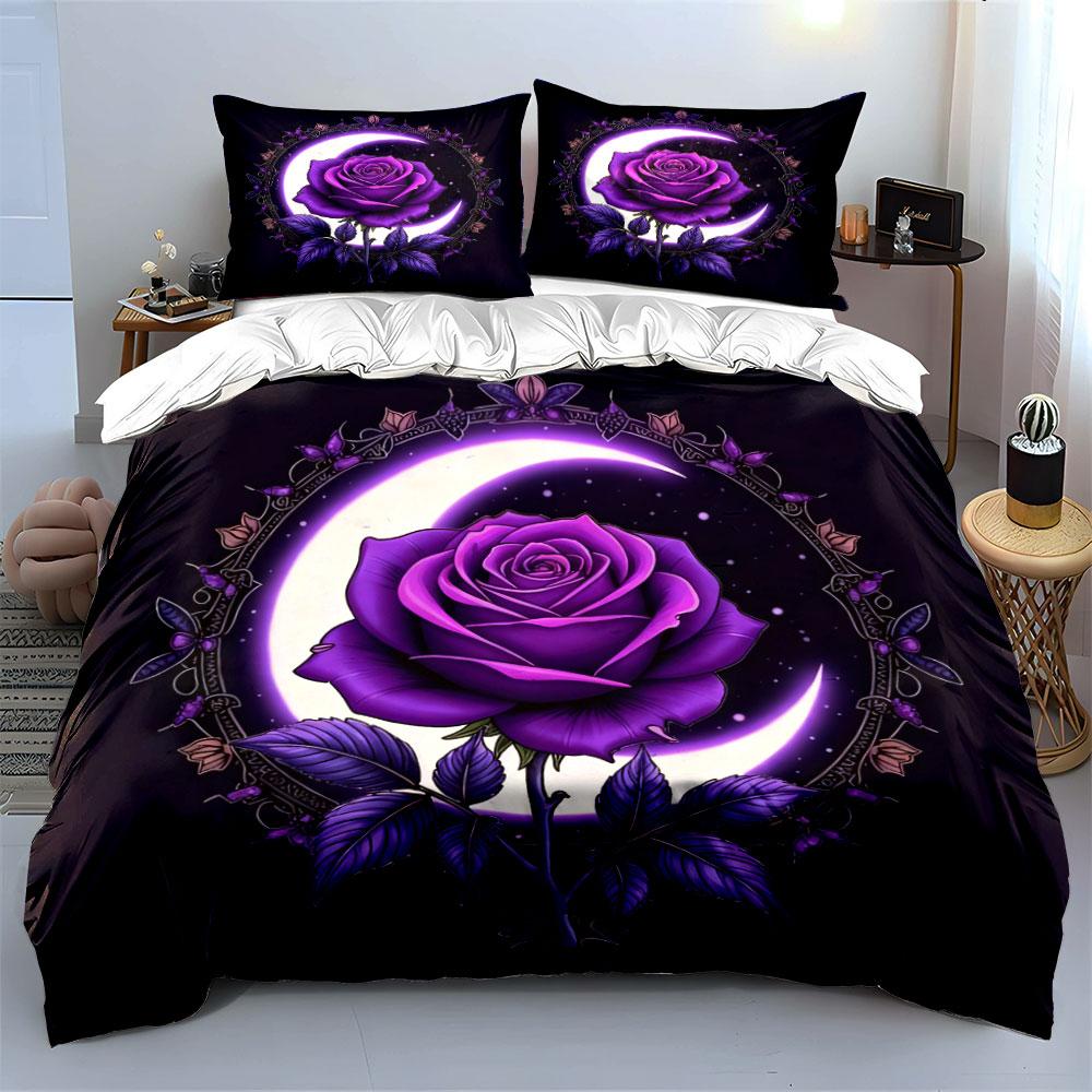 Purple Rose Moon Decor Set Soft Comfortable Duvet Cover Bedding Set Included 1*Duvet Cover & 2*Pillowcases, Gift