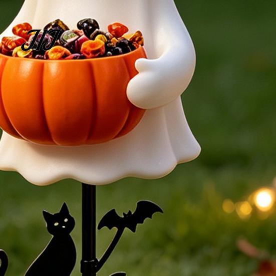 Weather Resistant Yard Art Halloween Ghost Candy Bowl Garden Stake, 2D Flat Pumpkin Holder with Cat Cute Decor And Bats, Trick or Treat for