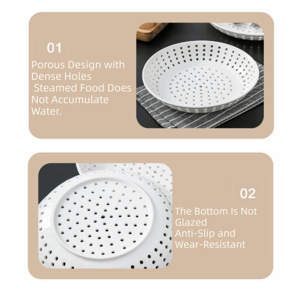 Round Shape Ceramic Perforated Steamer Plate White Hollow Out Drain Dish Restaurant Use