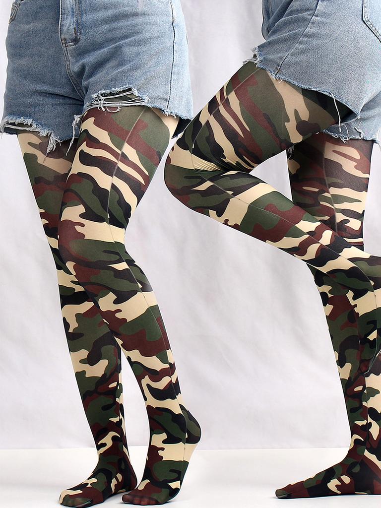 Damen-Strumpfhose mit Graffiti-Print, Camouflage-Gitter, nahtlos, sexy, dehnbar, lange Socken, mehrfarbige Strümpfe