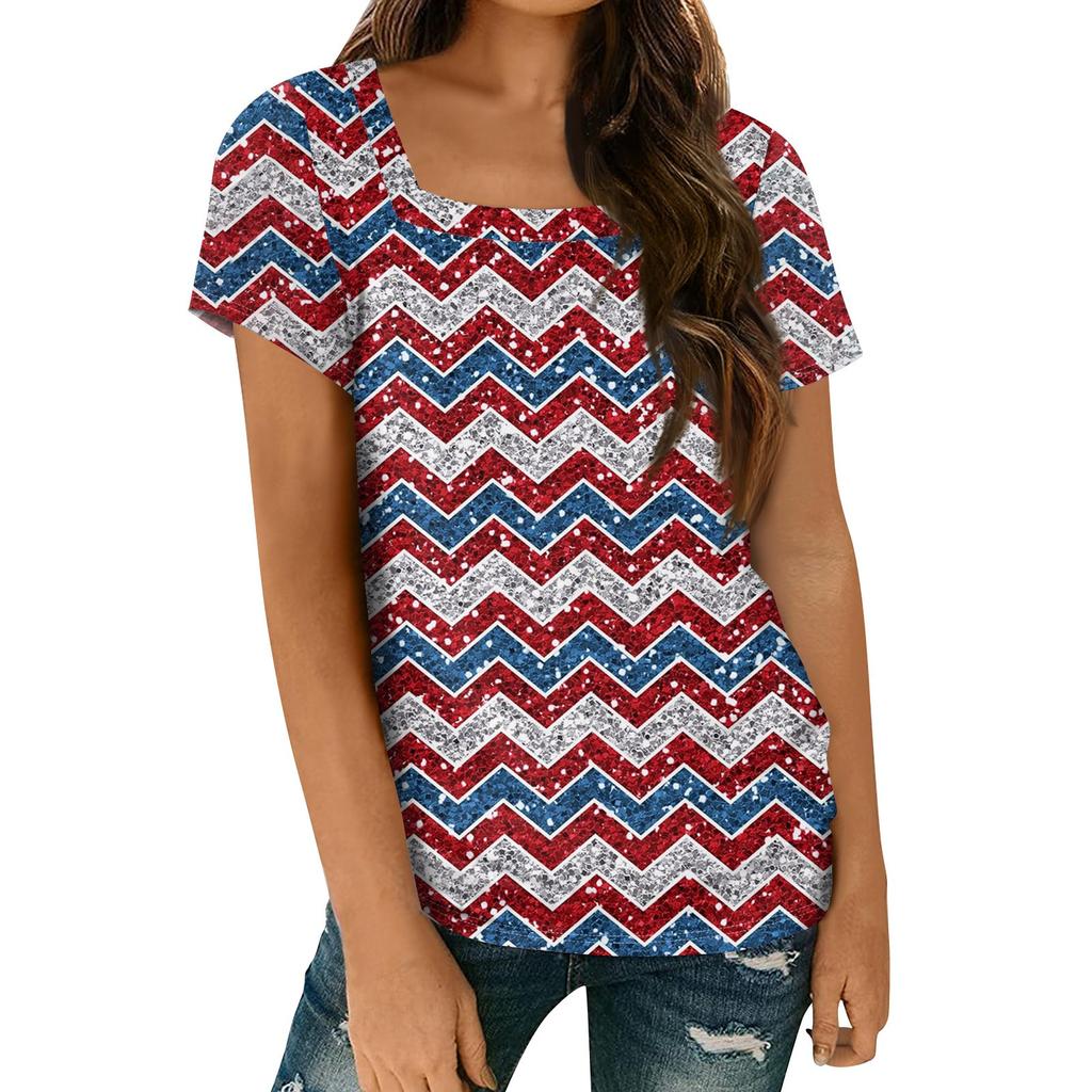 Women's Tops Spring Summer Casual T Shirt Short Sleeve Square Neck Basic Printed T Shirt