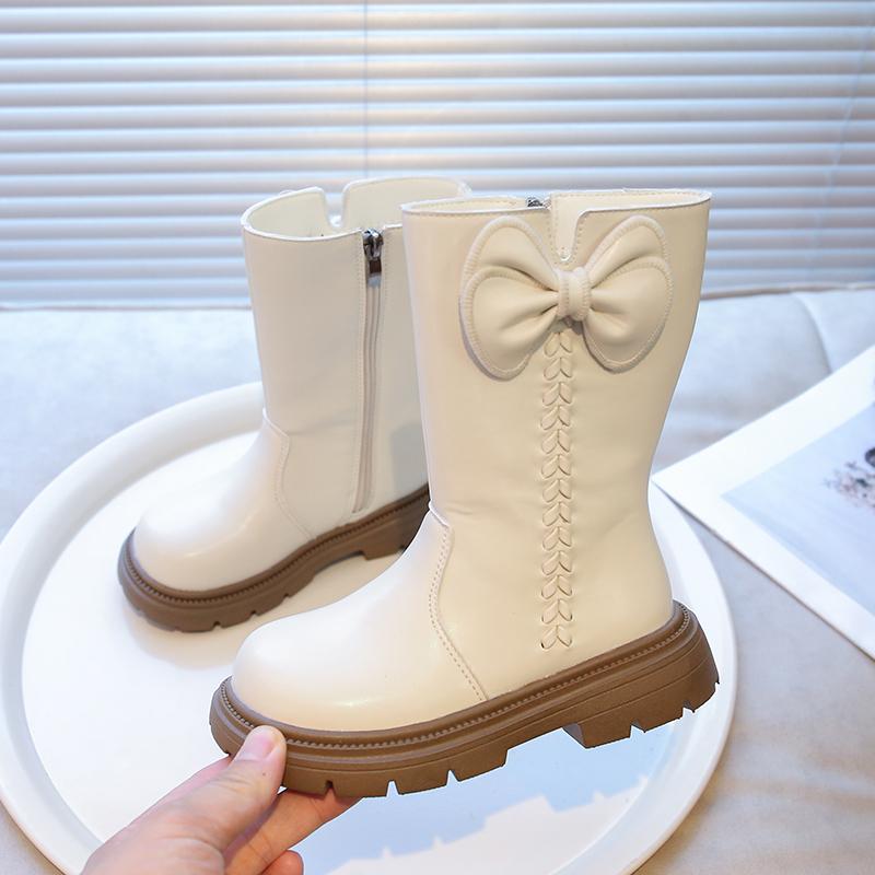 Fashion New Winter Girls Princess Cotton Boots Elegant Bowknot Children Causal Boots Fashion Black Versatile Kids Simple Mid-calf Boots