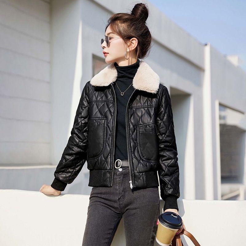 Removable Fur Collar Fleece Leather Jacket Cotton Clothes Women's Short Autumn and Winter New Thickened Warm Small Jacket