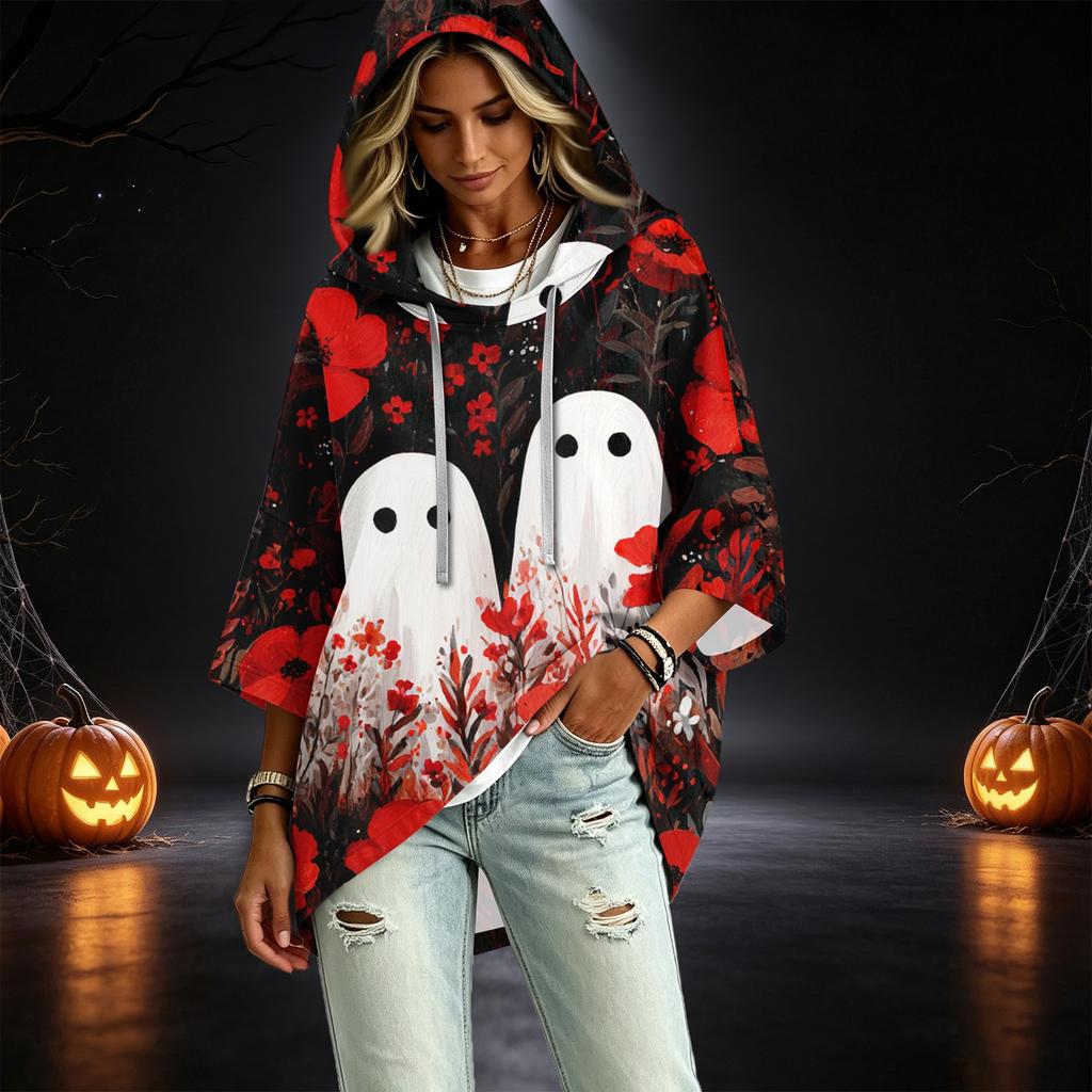 Women's Halloween Print Hooded Pullover Top with 3/4 Sleeves