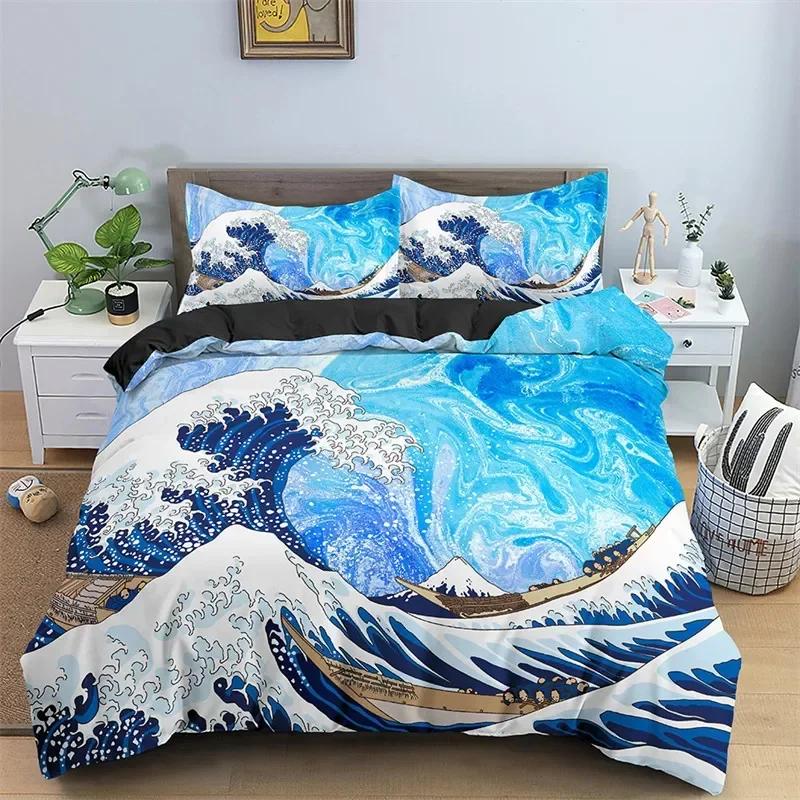 3D Ocean Waves Bedding Set Queen Size Soft Summer Sea Beach Duvet Cover Set Hawaiian Tropical Print Comforter Cover Pillowcases