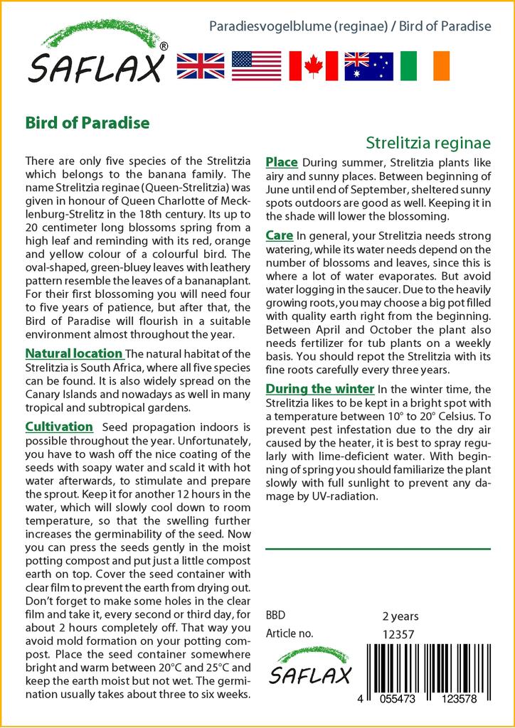 SAFLAX Bird of Paradise - 5 semen - Se substrátem pro lepší pěstování - Strelitzia reginae
