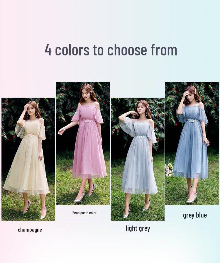 2025 New Off-the-Shoulder Bridesmaid Dress: Mid-Length, Slimming, with Fairy Charm for Special Occasions.