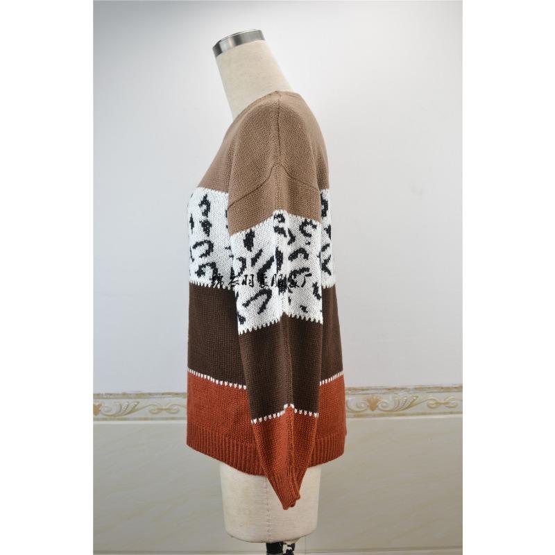Women's Autumn and Winter Leopard-print Patchwork Knitted Pullover Plus Size Sweater